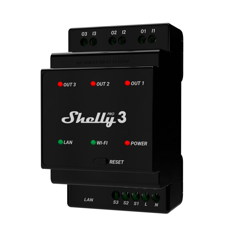 Shelly Pro 3 sähkörele Musta