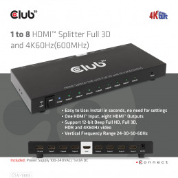 CLUB3D 1 to 8 HDMI™ Splitter Full 3D and 4K60Hz(600MHz)