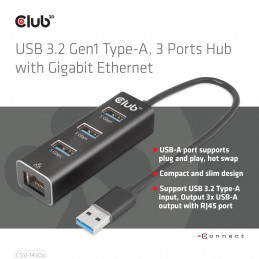 CLUB3D USB 3.2 Gen1 Type-A, 3 Ports Hub with Gigabit Ethernet