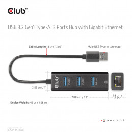 CLUB3D USB 3.2 Gen1 Type-A, 3 Ports Hub with Gigabit Ethernet