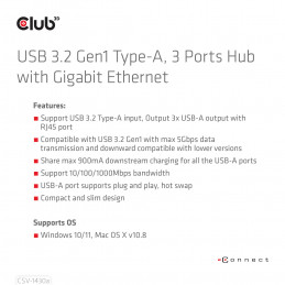 CLUB3D USB 3.2 Gen1 Type-A, 3 Ports Hub with Gigabit Ethernet