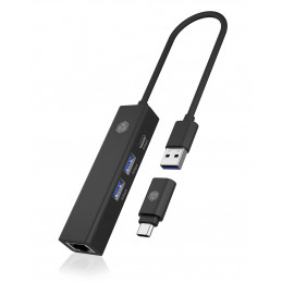 ICY BOX IB-HUB1439-LAN Langallinen USB 3.2 Gen 1 (3.1 Gen 1) Type-A Musta