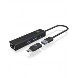 ICY BOX IB-HUB1439-LAN Langallinen USB 3.2 Gen 1 (3.1 Gen 1) Type-A Musta