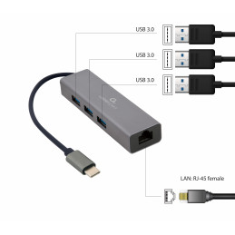 Gembird A-CMU3-LAN-01 kannettavien tietokoneiden telakka ja porttitoistin USB 3.2 Gen 1 (3.1 Gen 1) Type-C Harmaa
