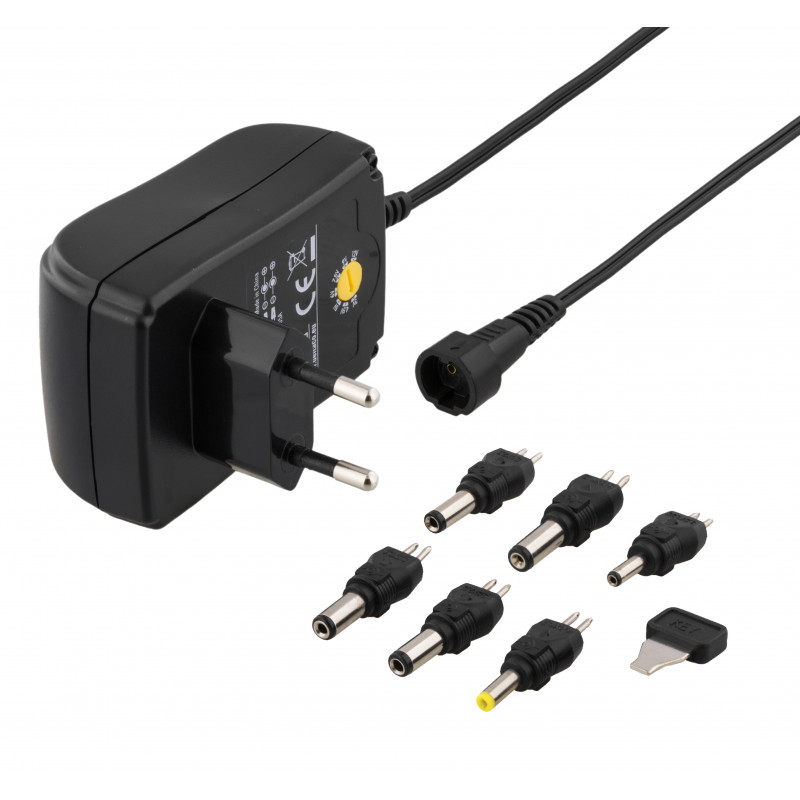 Deltaco Virtasovitin, 100V-240V, 3V-12V, 1,5A, vaihdettavat liittimet