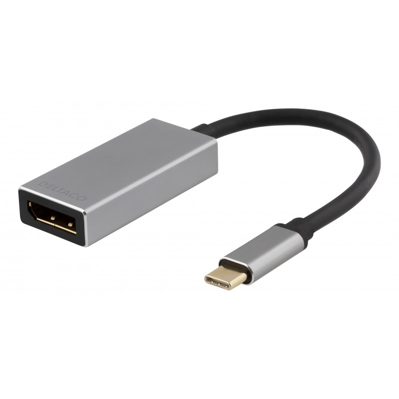 Deltaco USB-C - DP-sovitin, USB-C ur, DP na, 3840x2160 60Hz, harmaa