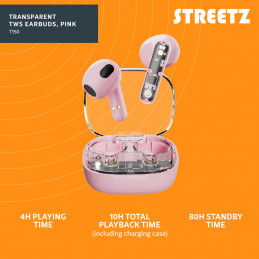 Streetz T150, osittain läpinäkyvät TWS-kuulokkeet, pinkki