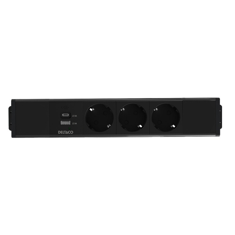 Deltaco Pöydän alle as. virtapaneeli, 3 pistoras., 1x21W A+C USB-laturi, GST18-liitäntä, ketjutus