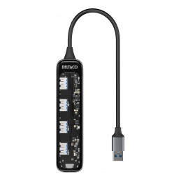 Deltaco USB-A Hub, 5 Gbit s, 4x USB-A, läpinäkyvä