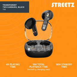 Streetz T150, osittain läpinäkyvät TWS-kuulokkeet, musta