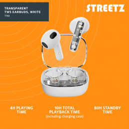 Streetz T150, osittain läpinäkyvät TWS-kuulokkeet, valkoinen