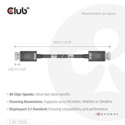 CLUB3D DisplayPort™ 2.1 Bi-Directional VESA DP80 Certified Cable 4K120Hz, 8K60Hz or 10K60Hz M M 1.6m 5.25ft