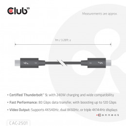 CLUB3D CAC-2501 Thunderbolt-kaapeli 1 m 120 Gbit s musta