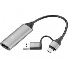 Sandberg 136-70 videokaapeli-adapteri HDMI-tyyppi A (vakio) USB Type-A + USB Type-C Harmaa