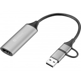 Sandberg 136-70 videokaapeli-adapteri HDMI-tyyppi A (vakio) USB Type-A + USB Type-C Harmaa
