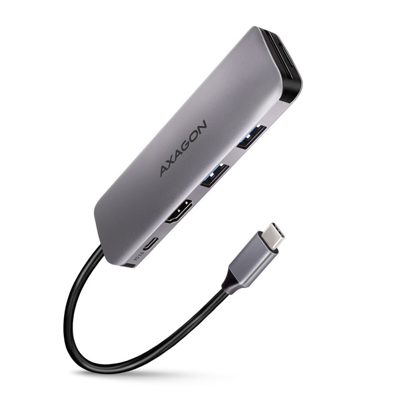 Axagon HMC-5 kannettavien tietokoneiden telakka ja porttitoistin Langallinen USB 3.2 Gen 1 (3.1 Gen 1) Type-C Harmaa