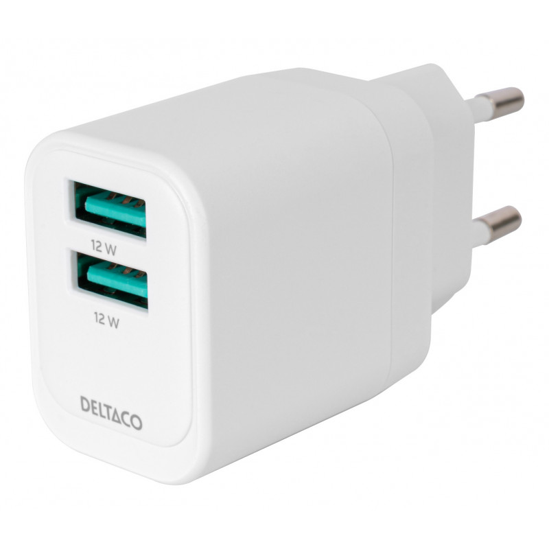 Deltaco USB-seinälaturi, 2x USB-A, 12 W per portti, maksimiteho yhteensä 12 W, valkoinen