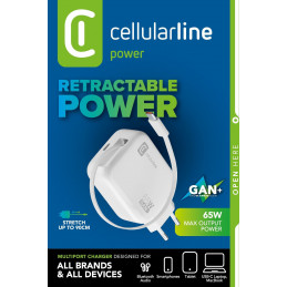 Cellularline Retractable Power 65W Kuulokkeet, Universaali Valkoinen AC Pikalataus Sisätila