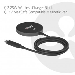 CLUB3D CAC-3027 Qi2 25 W langaton laturi, musta Qi 2.2 MagSafe -yhteensopiva magneettinen alusta
