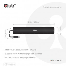 CLUB3D CSV-2550 kannettavien tietokoneiden telakka ja porttitoistin Langallinen USB Type-C Musta
