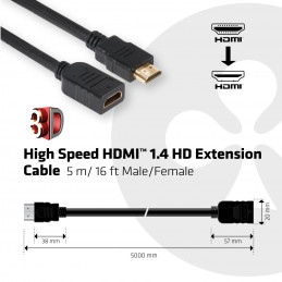 CLUB3D High Speed HDMI™ 1.4 HD Extension Cable 5m 16ft Male Female