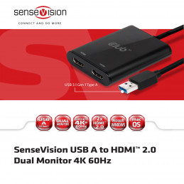CLUB3D USB A to HDMI™ 2.0 Dual Monitor 4K 60Hz
