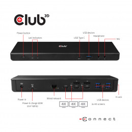 CLUB3D CSV-1562 kannettavien tietokoneiden telakka ja porttitoistin Telakointi Musta