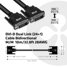 CLUB3D DVI-D DUAL LINK (24+1) CABLE BI DIRECTIONAL M M 10m 32.8 ft 28AWG Musta