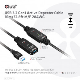 CLUB3D CAC-1405 USB-kaapeli 10 m USB 3.2 Gen 2 (3.1 Gen 2) USB A Musta