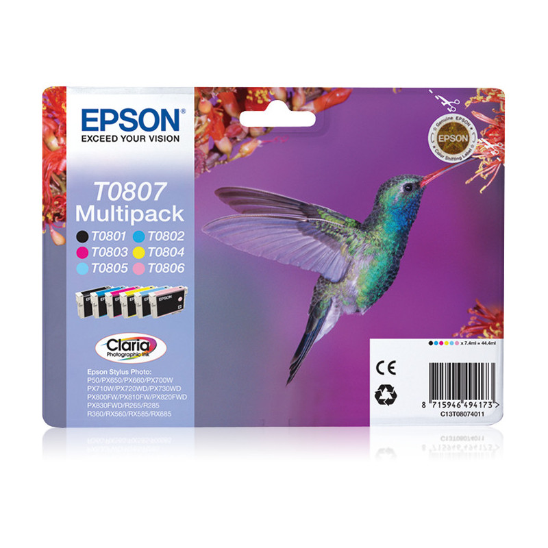 Epson Hummingbird Monipakkaus, 6 väriä T0807 Claria Photographic -muste