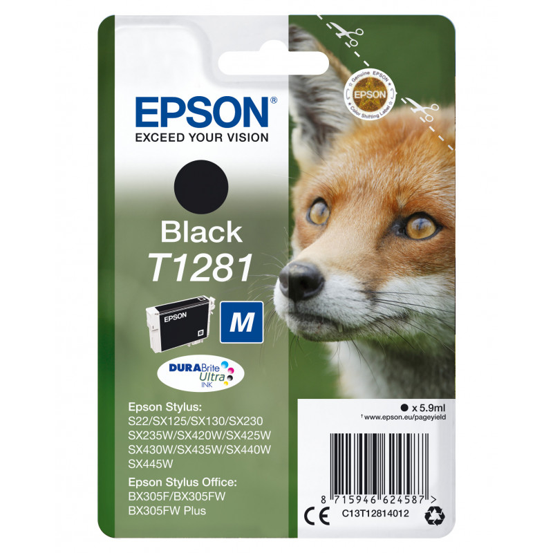 Epson Fox Yksittäispakkaus, musta T1281 DURABrite Ultra -muste