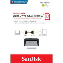 SanDisk Ultra Dual Drive USB Type-C USB-muisti 64 GB USB Type-A   USB Type-C 3.2 Gen 1 (3.1 Gen 1) Musta, Hopea