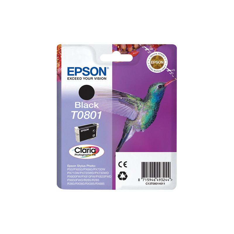 Epson Hummingbird Yksittäispakkaus, musta T0801 Claria Photographic -muste