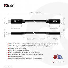 CLUB3D USB C GEN1 EXT CABLE 5GBPS 4K60HZ M F 1M USB-kaapeli 2 x USB C