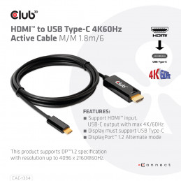 CLUB3D CAC-1334 videokaapeli-adapteri 1,8 m HDMI-tyyppi A (vakio) USB Type-C