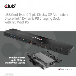 CLUB3D CSV-1566 kannettavien tietokoneiden telakka ja porttitoistin Telakointi USB 3.2 Gen 1 (3.1 Gen 1) Type-C