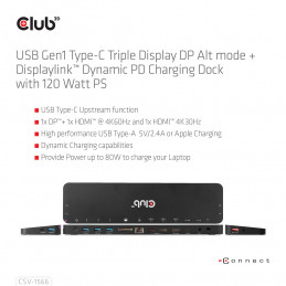 CLUB3D CSV-1566 kannettavien tietokoneiden telakka ja porttitoistin Telakointi USB 3.2 Gen 1 (3.1 Gen 1) Type-C