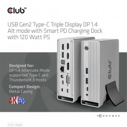 CLUB3D CSV-1568 kannettavien tietokoneiden telakka ja porttitoistin Telakointi USB 3.2 Gen 2 (3.1 Gen 2) Type-C Metallinen