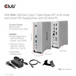 CLUB3D CSV-1568 kannettavien tietokoneiden telakka ja porttitoistin Telakointi USB 3.2 Gen 2 (3.1 Gen 2) Type-C Metallinen
