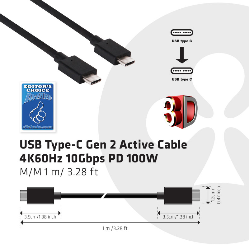 CLUB3D USB Type-C Cable M M 0.8Meter Active PD ~100Watt 4K60Hz