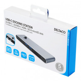 Deltaco USBC-HDMI21 kannettavien tietokoneiden telakka ja porttitoistin Langaton Musta, Hopea