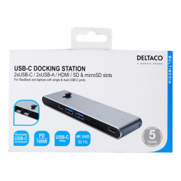 Deltaco USBC-HDMI21 kannettavien tietokoneiden telakka ja porttitoistin Langaton Musta, Hopea