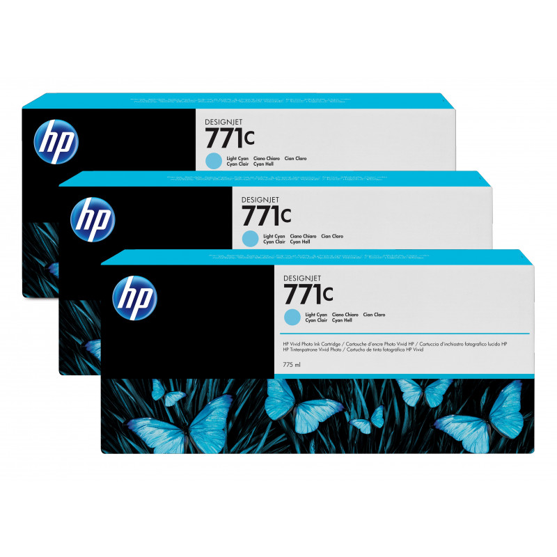 HP 771C, Designjet-mustekasetti, vaalea syaani, 775 ml, kolmen pakkaus