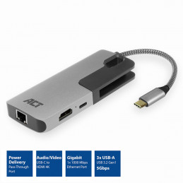 ACT AC7042 kannettavien tietokoneiden telakka ja porttitoistin Langallinen USB 3.2 Gen 1 (3.1 Gen 1) Type-C Musta, Harmaa