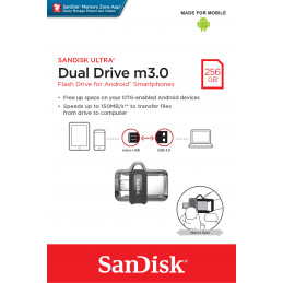 SanDisk Ultra Dual m3.0 USB-muisti 256 GB USB Type-A   Micro-USB 3.2 Gen 1 (3.1 Gen 1) Musta, Hopea, Läpinäkyvä