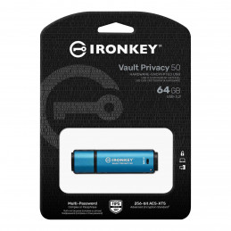 Kingston Technology IronKey Vault Privacy 50 USB-muisti 64 GB USB A-tyyppi 3.2 Gen 1 (3.1 Gen 1) Sininen