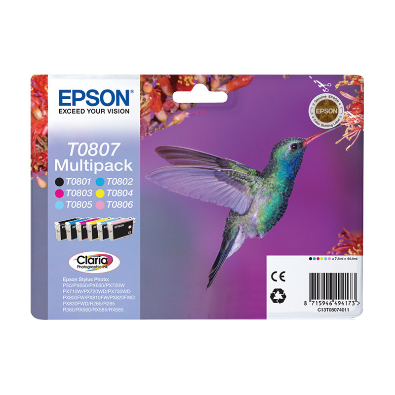 Epson Hummingbird Monipakkaus, 6 väriä T0807 Claria Photographic -muste