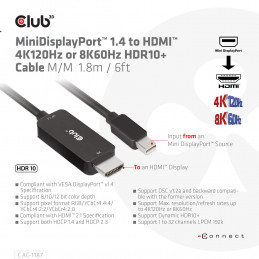 CLUB3D CAC-1187 videokaapeli-adapteri 1,8 m Mini DisplayPort HDMI