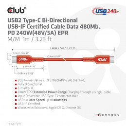 CLUB3D USB2 Type-C Bi-Directional USB-IF Certified Cable Data 480Mb, PD 240W(48V 5A) EPR M M 4m   13.13ft