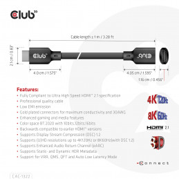 CLUB3D Ultra High Speed HDMI Extension Cable 4K120Hz 8K60Hz 48Gbps M F 1 m   3.28 ft 30AWG